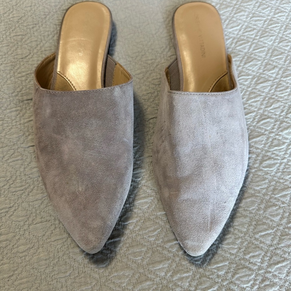 Adrienne Vittadini Suede Pointed Toe Mules in Light Gray